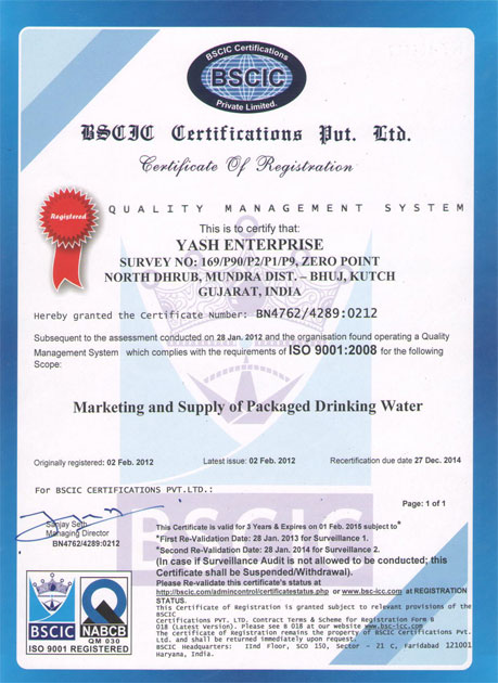 Certificate – Welcome to “Yash Water” Biggest Package Drinking Water ...